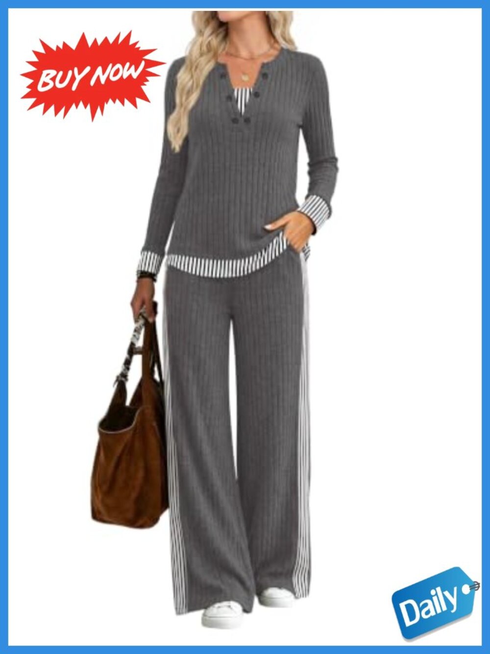 Women's Ribbed Knit Lounge Set Long Sleeve Henley Wide Leg 2-Piece